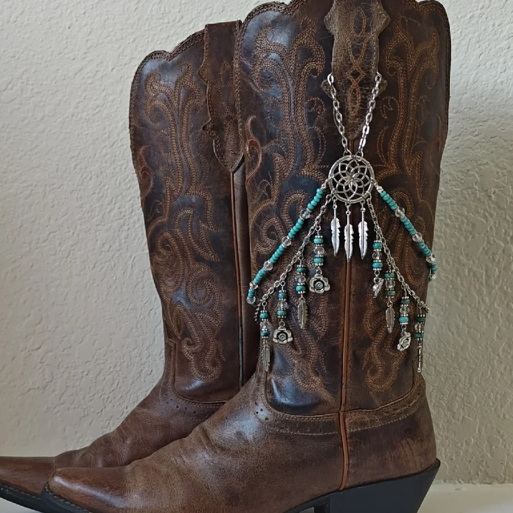One Of A Kind Turquoise Silver Dreamcatcher Crystal Boot Bracelet Boot Chain - Picture 3 of 8